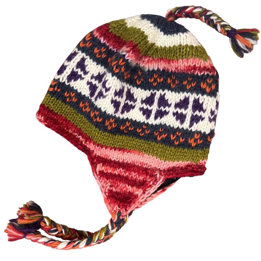 Handmade Nepal 100% Wool Fleece Lined Earflap Beanie Multicolor Knit Tassel Hat